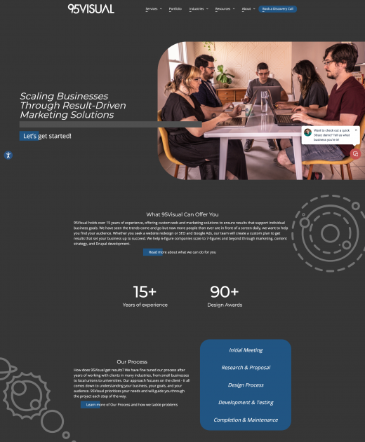 A screenshot of the homepage of 95Visual's website using a dark color theme.