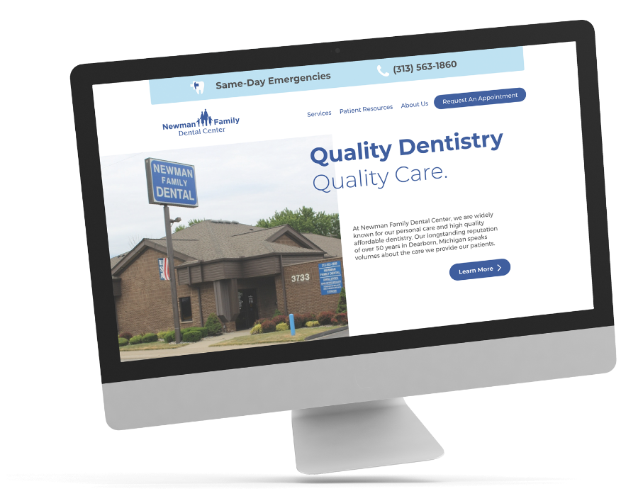 Newman Family Dental's first fold of their homepage.