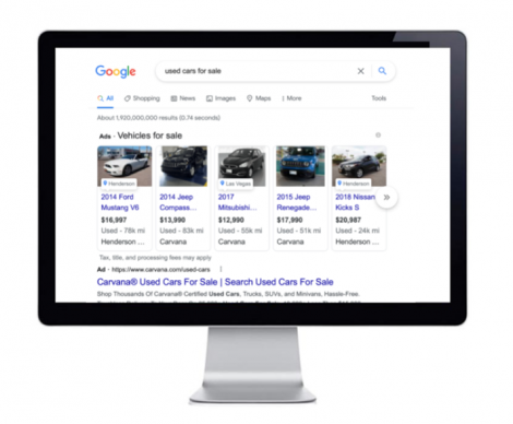 a google search page with results and shop listings for "used cars for sale"