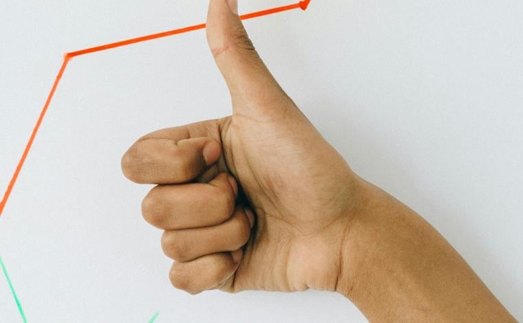 a person holding up a thumbs up in front of a whiteboard with a yellow sticky note on it that says "profit"