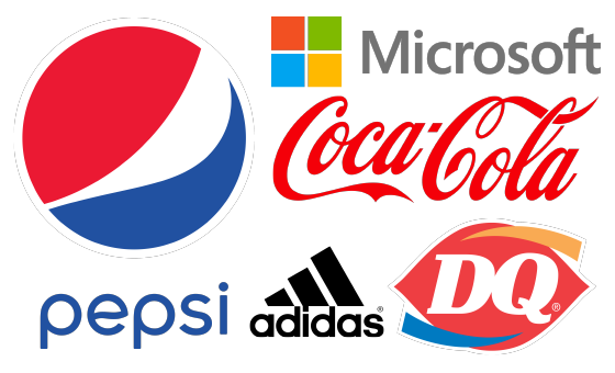 a collage of logos including pepsi, microsoft, coca cola, dairy queen, and adidas